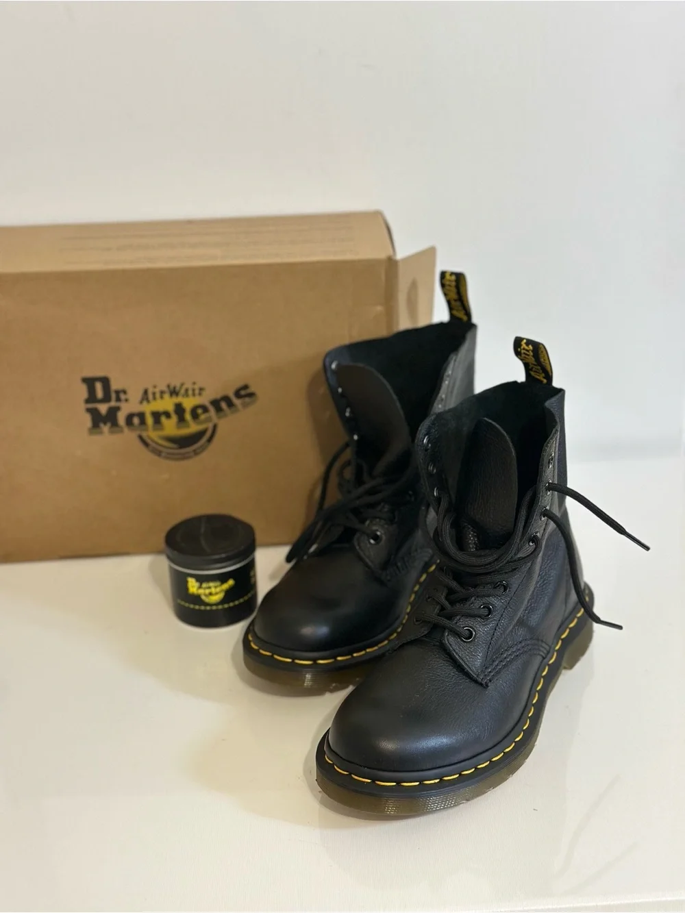 Dr. Martens Black Leather 8-Eye Boots with Yellow Stitching